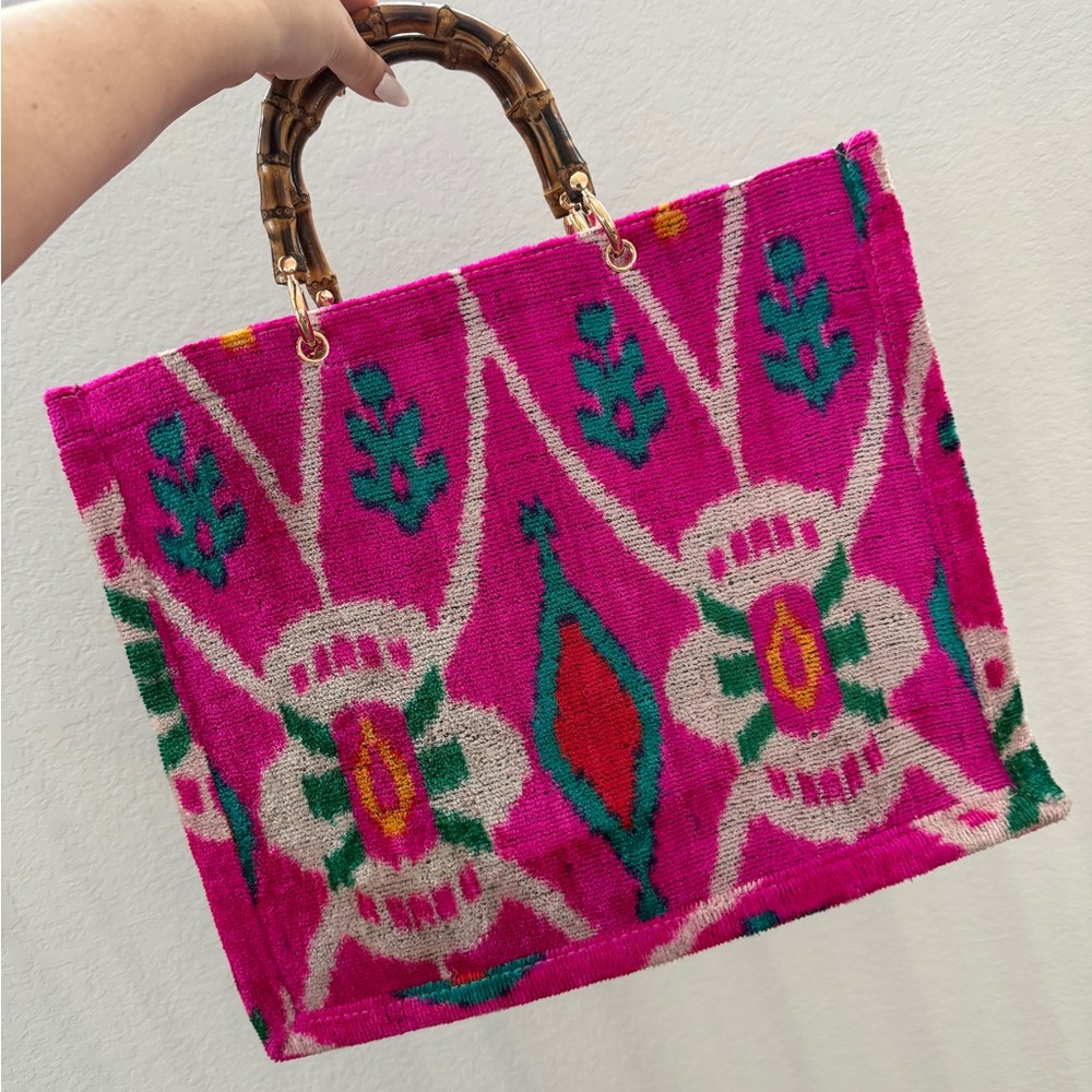 Stylish Pink Patterned Tote with Bamboo Handles